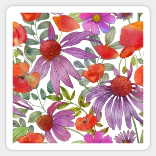 Colorful summer Dasy and Poppy flowers.Vibrant watercolor flowers print Sticker